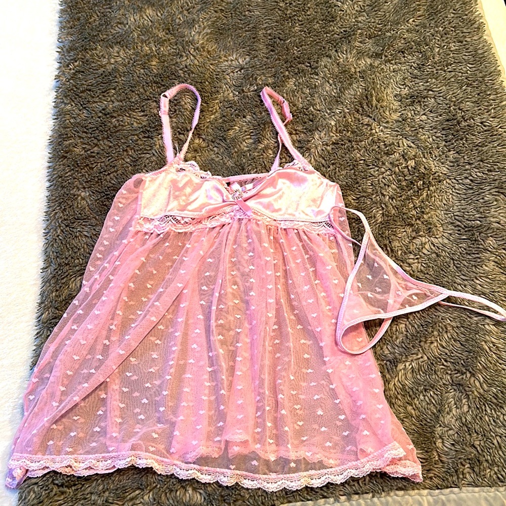 Boutique brand pink babydoll set with matching thong, one size